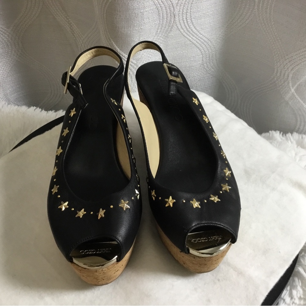 Jimmy Choo Black Star-Studded Slingback Wedge Peep-Toe Sandals